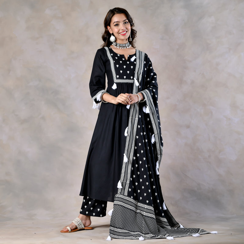 Black Front Gathered Kurta Pant and Dupatta Set with Tassels