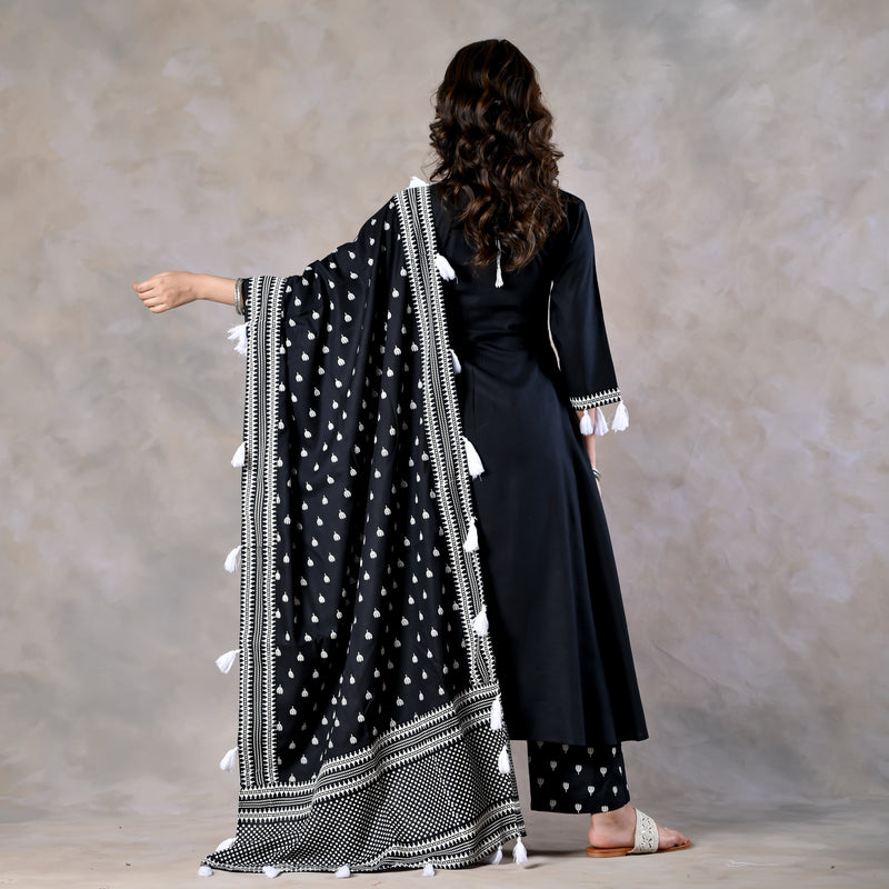 Black Front Gathered Kurta Pant and Dupatta Set with Tassels