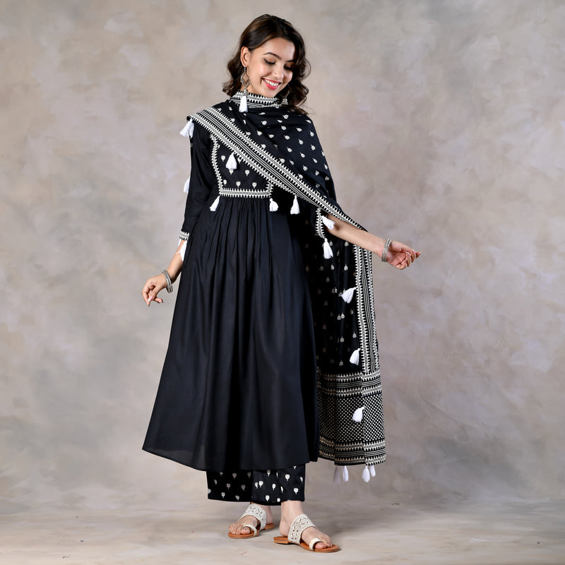 Black Front Gathered Kurta Pant and Dupatta Set with Tassels