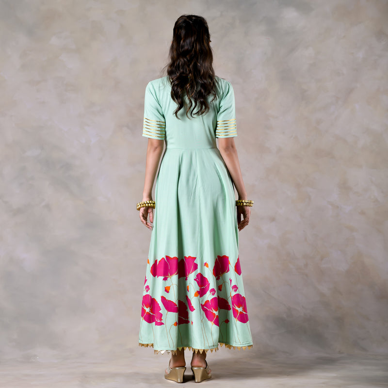 Mint Green and Pink V Neck Dress With Gota Details