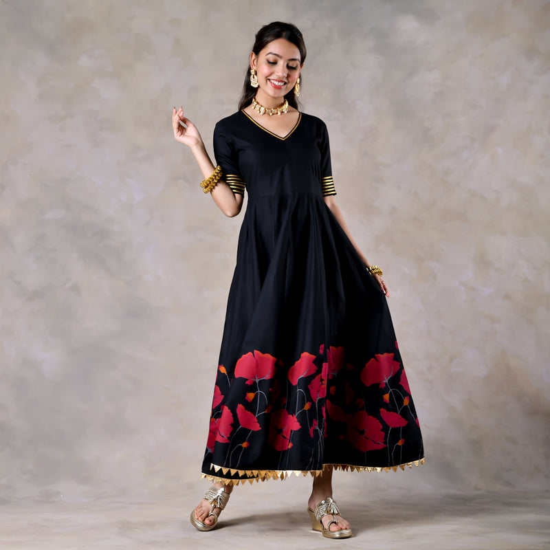 Black and Pink V Neck Dress With Gota Details