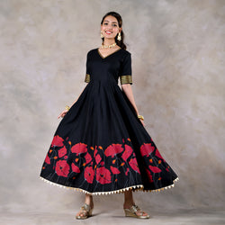 Black and Pink V Neck Dress With Gota Details