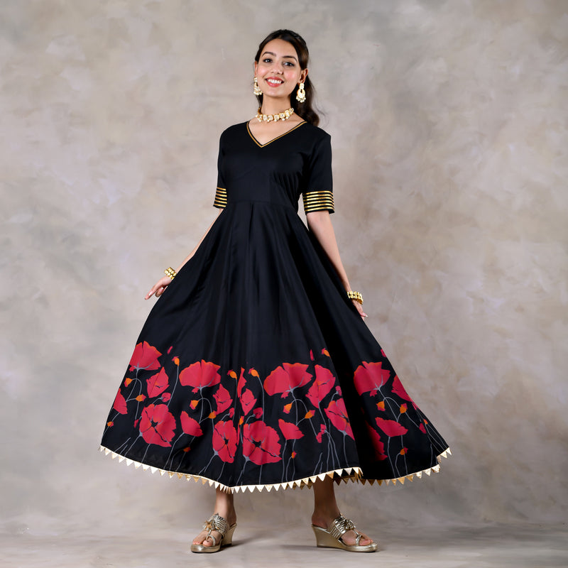Black and Pink V Neck Dress With Gota Details
