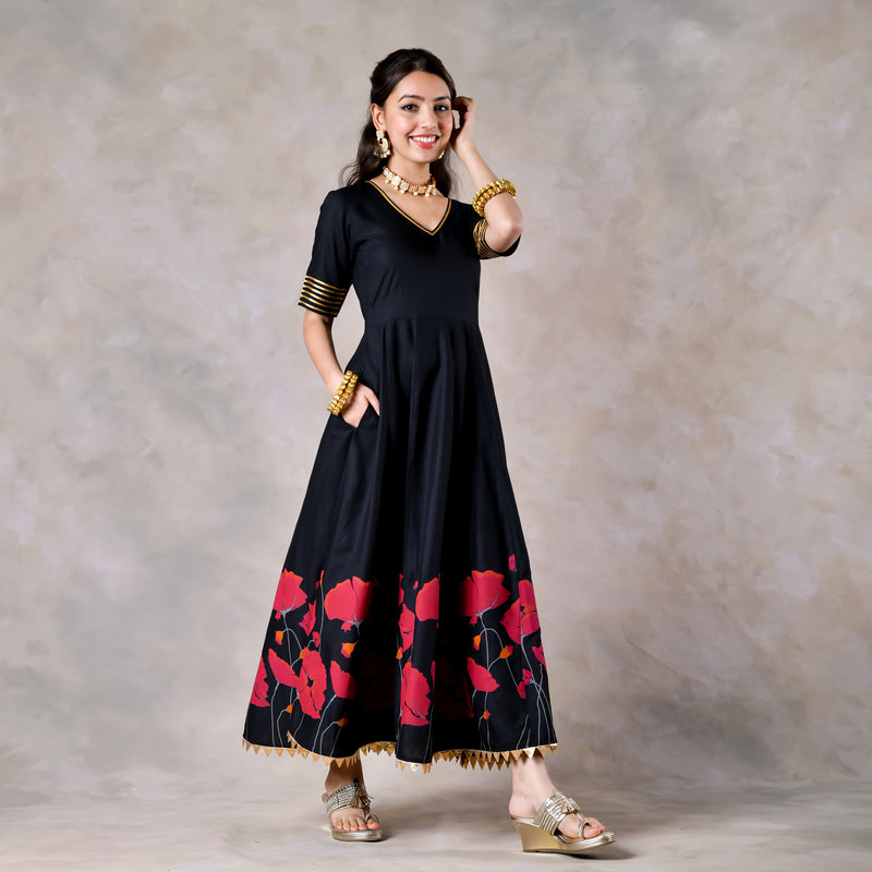 Black and Pink V Neck Dress With Gota Details