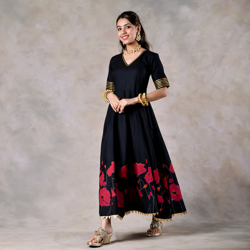 Black and Pink V Neck Dress With Gota Details