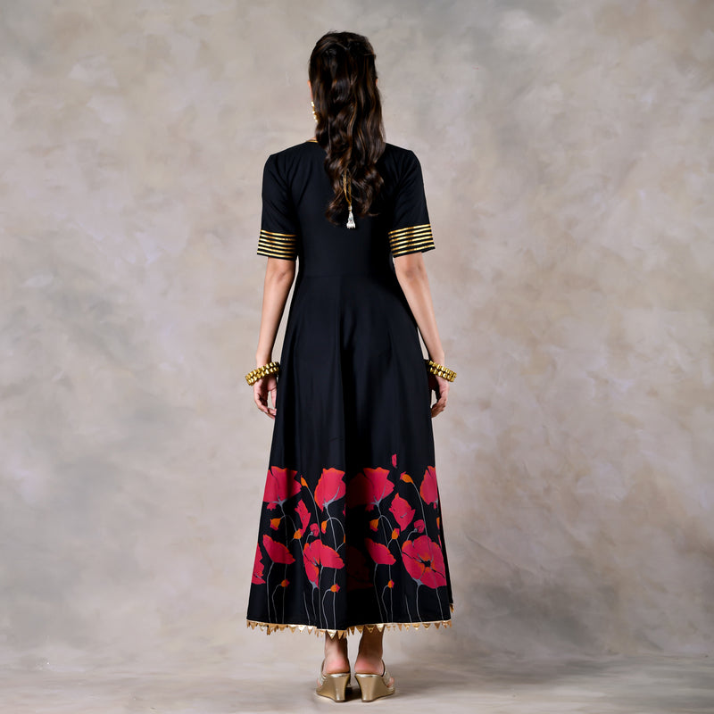 Black and Pink V Neck Dress With Gota Details