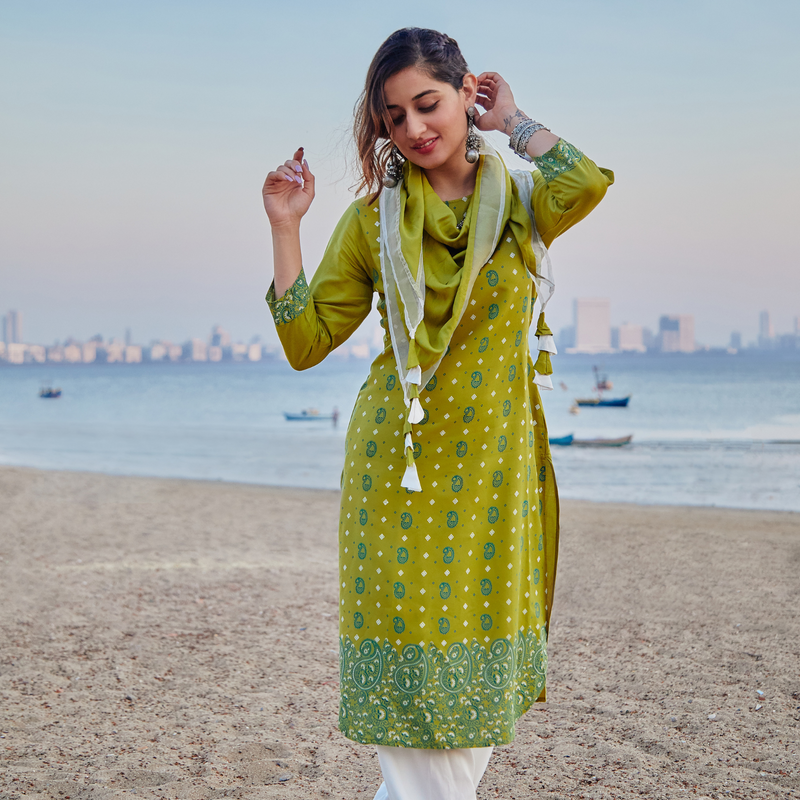 Olive Paisley Round Hem Kurta with Salwaar Pants & Scarf