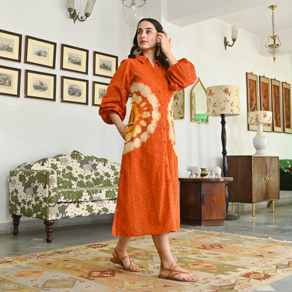 Serene Dawn Rust Multicolor Schiffli Tie Dye Dress