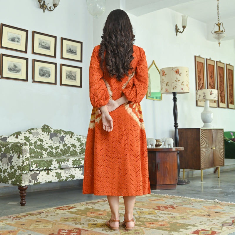 Serene Dawn Rust Multicolor Schiffli Tie Dye Dress