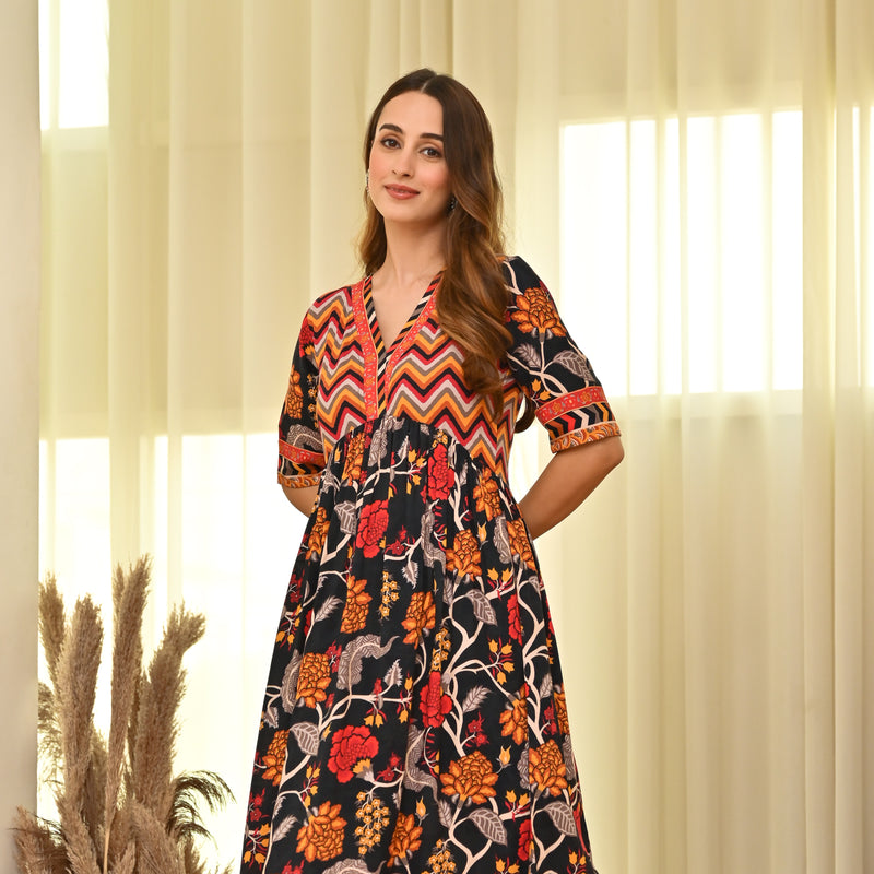 Black Floral Front Gathered Kurta Pant Set