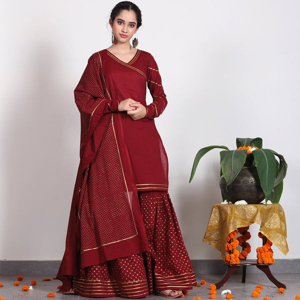 Maroon Gold Printed Kurta-Gharara-Dupatta Set