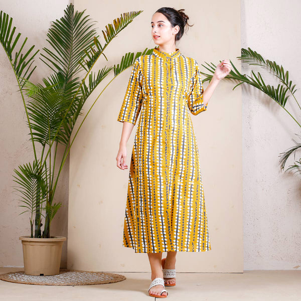 Yellow Stone Printed Shirt Dress