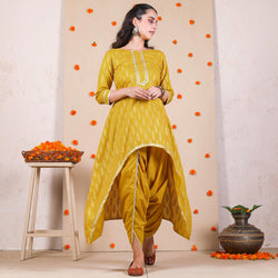 Yellow Gold Printed Dhoti & Asymmetric Kurta Set with Gota Details