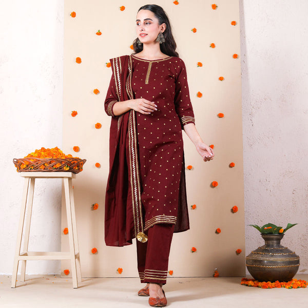 Maroon Bindi Kurta Set with Dupatta & Gota Work