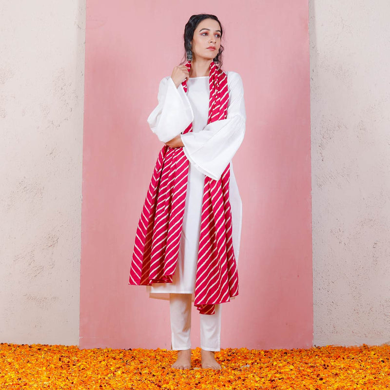 Pink & White Leheriya Inspired Dupatta with Bell Sleeved Salwar Kurta Set
