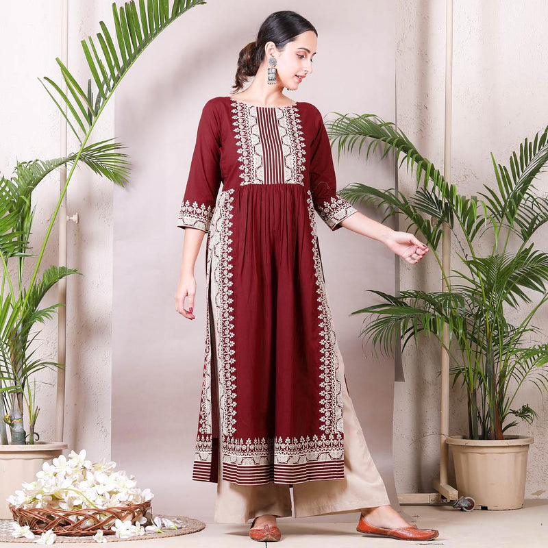 Maroon & Beige Border Printed Front Gather Kurta Palazzo Set