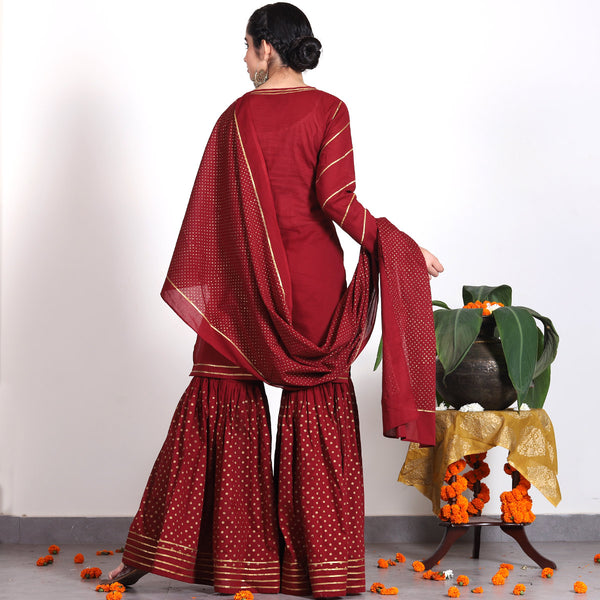 Maroon Gold Printed Kurta-Gharara-Dupatta Set