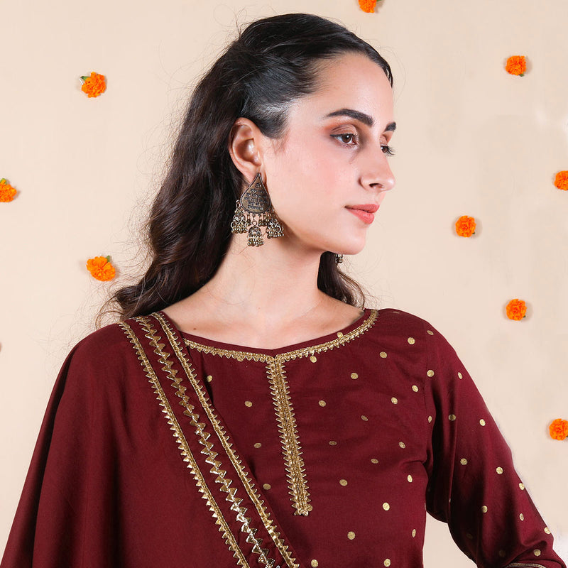 Maroon Bindi Kurta Set with Dupatta & Gota Work