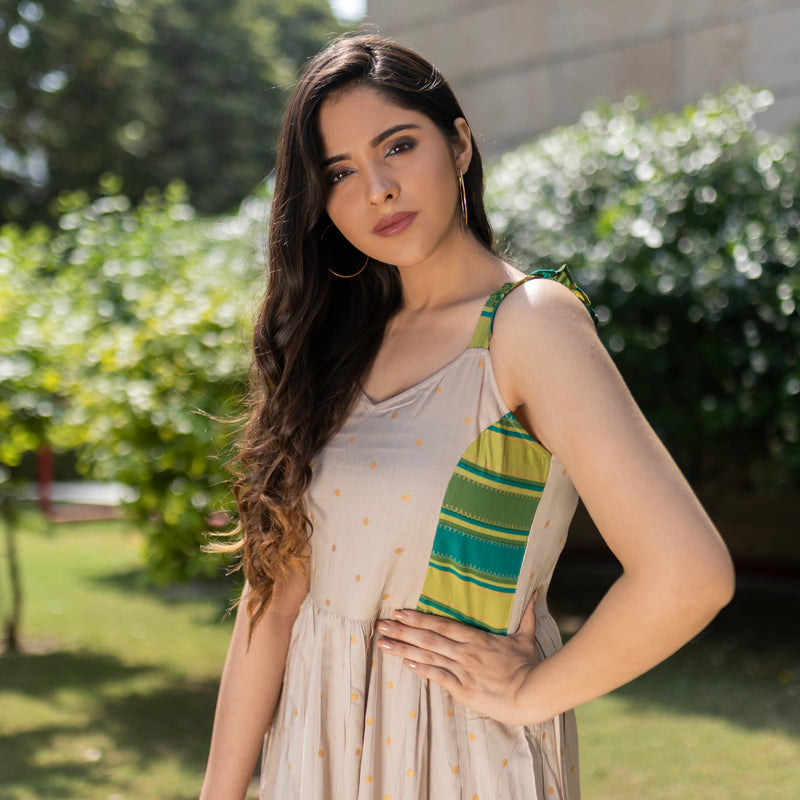 Beige & Olive Tiered Polka Dress with Striped Hem Details