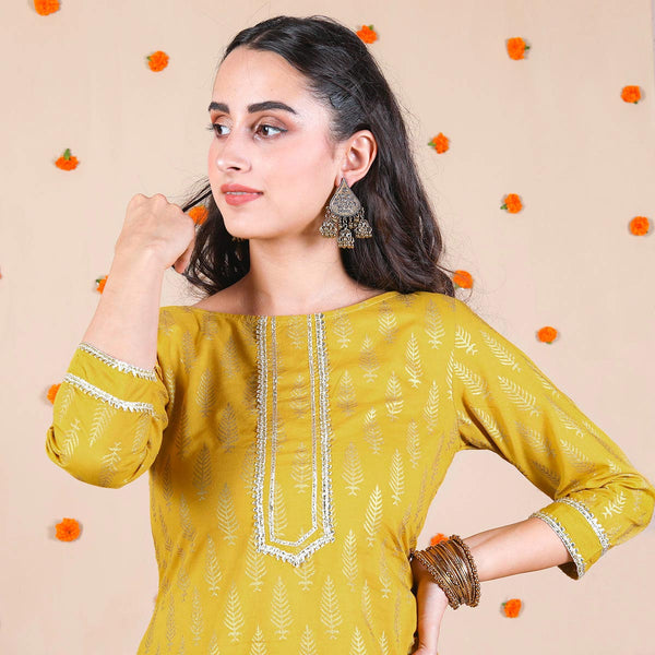 Yellow Gold Printed Dhoti & Asymmetric Kurta Set with Gota Details