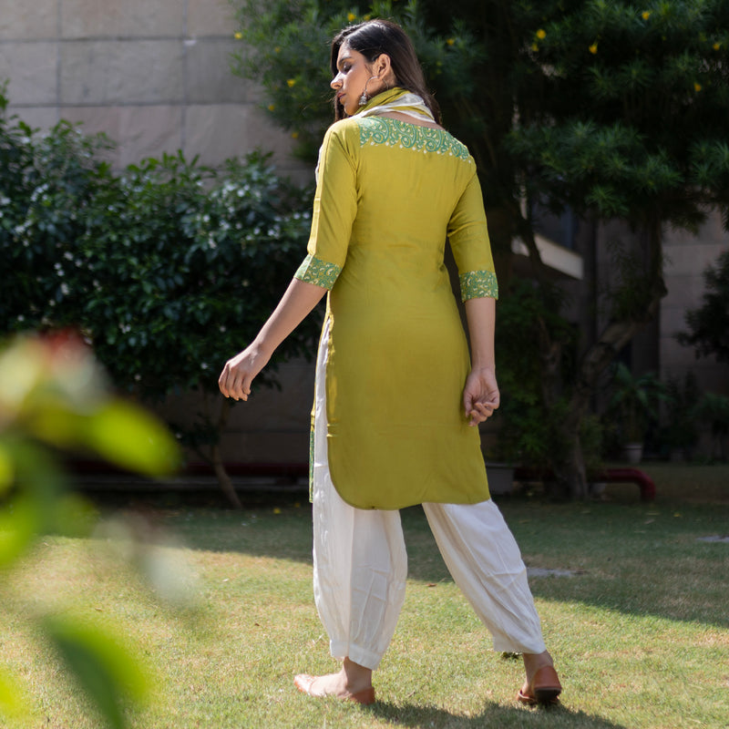 Olive Paisley Round Hem Kurta with Salwaar Pants & Scarf