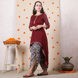 Maroon Polka Asymmetric Kurta & Beige Floral Dhoti Set with Gota Details