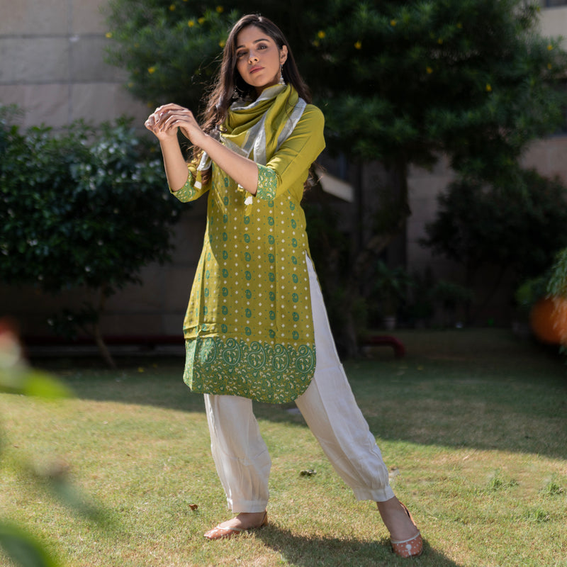Olive Paisley Round Hem Kurta with Salwaar Pants & Scarf