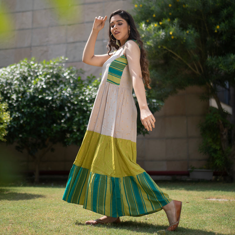 Beige & Olive Tiered Polka Dress with Striped Hem Details
