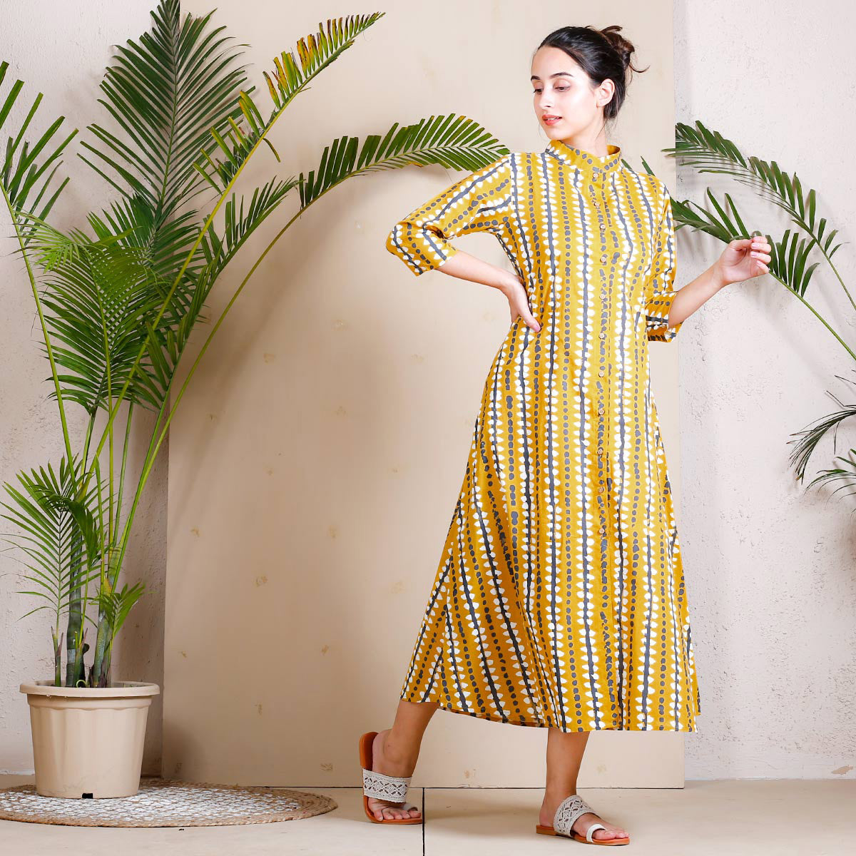 Yellow Stone Printed Shirt Dress