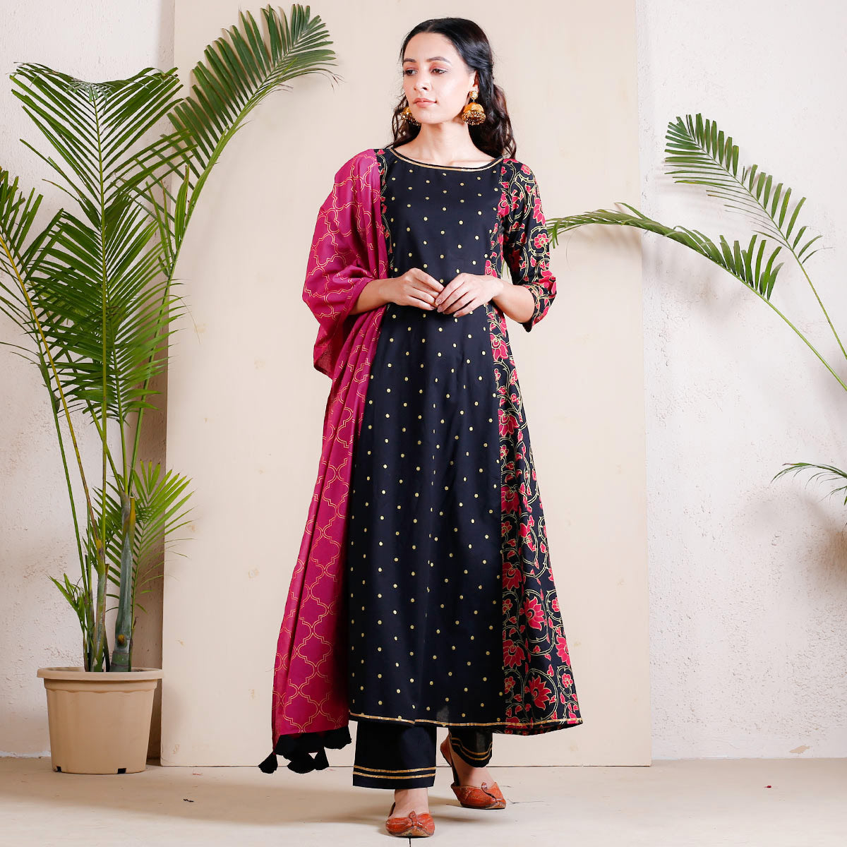Black & Pink Lotus Printed Full Kurta Set for Women with Dupatta & Tassel Details