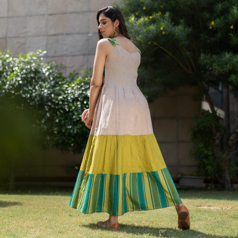 Beige & Olive Tiered Polka Dress with Striped Hem Details