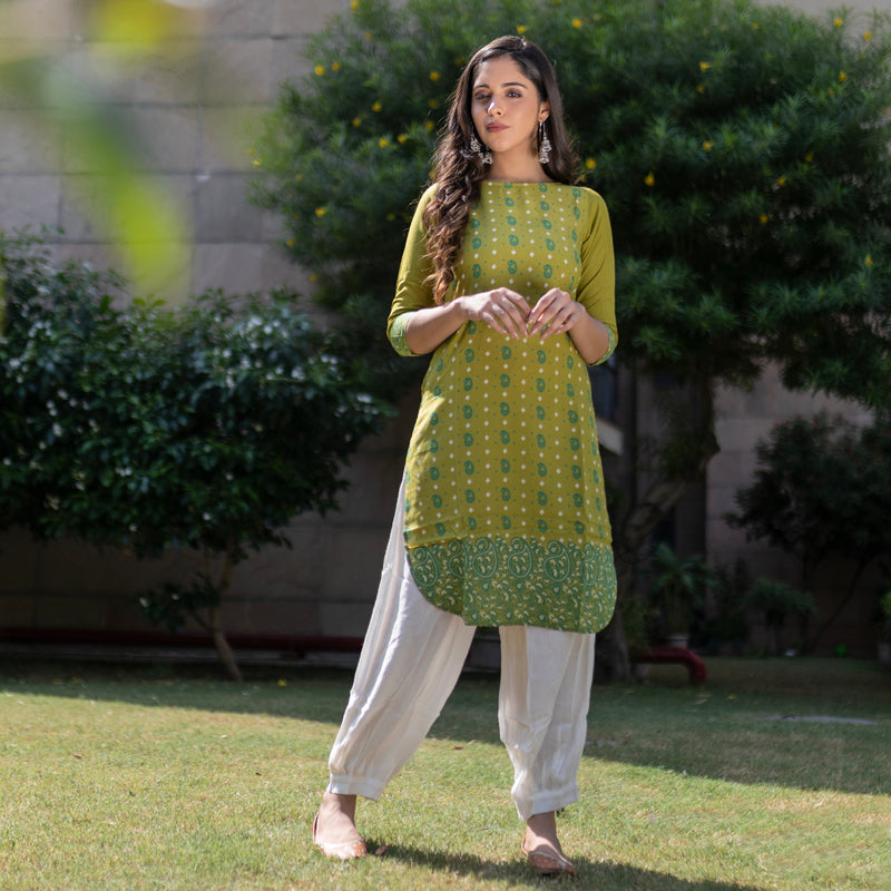 Olive Paisley Round Hem Kurta with Salwaar Pants & Scarf