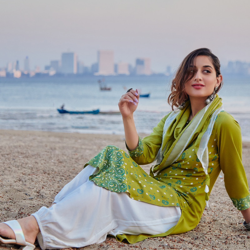 Olive Paisley Round Hem Kurta with Salwaar Pants & Scarf