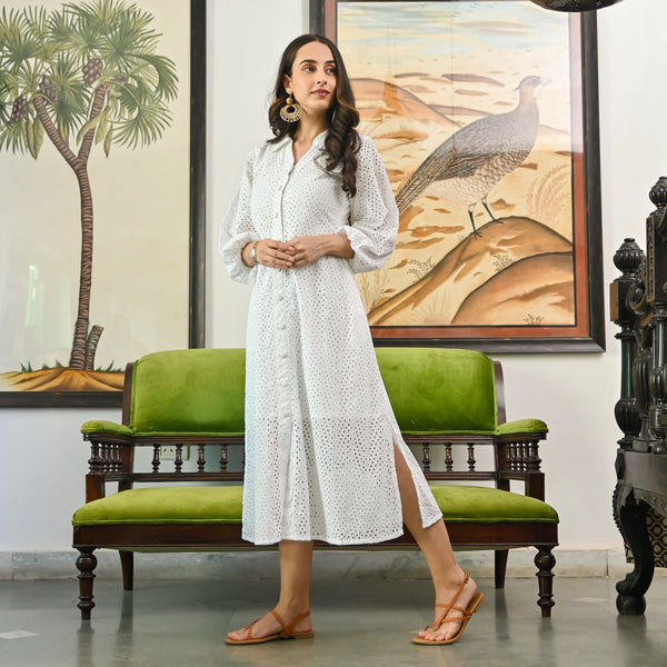 Serene Dawn White Schiffli Dress