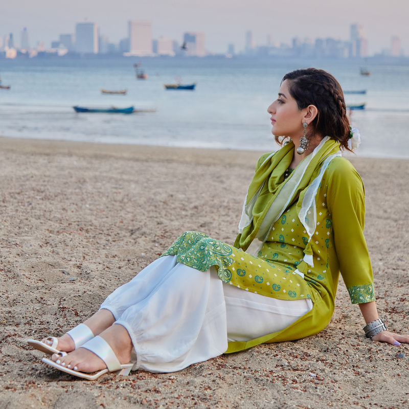 Olive Paisley Round Hem Kurta with Salwaar Pants & Scarf