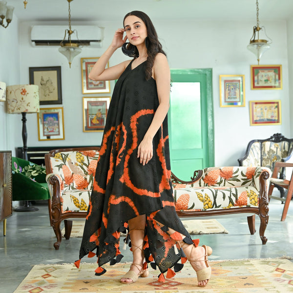 Blissful Tales Black & Rust Schiffli Tie Dye Dress