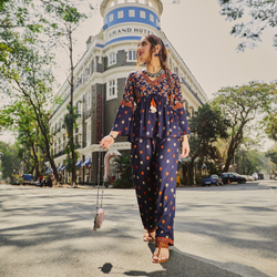 Deep Blue Floral Gathered Top Pant Set with Tassels & Bell Sleeves