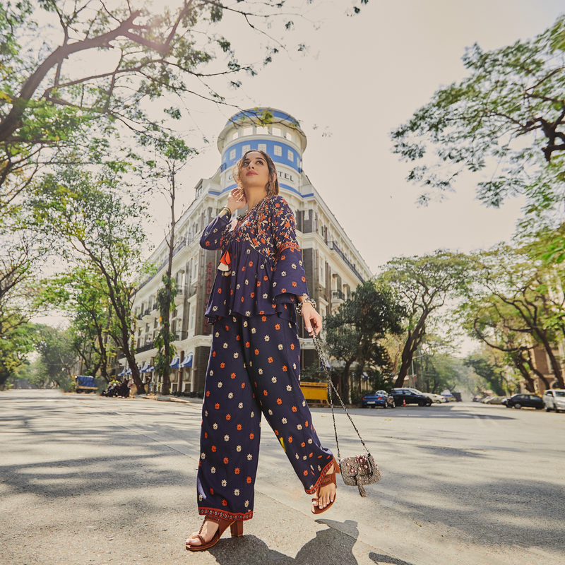 Deep Blue Floral Gathered Top Pant Set with Tassels & Bell Sleeves