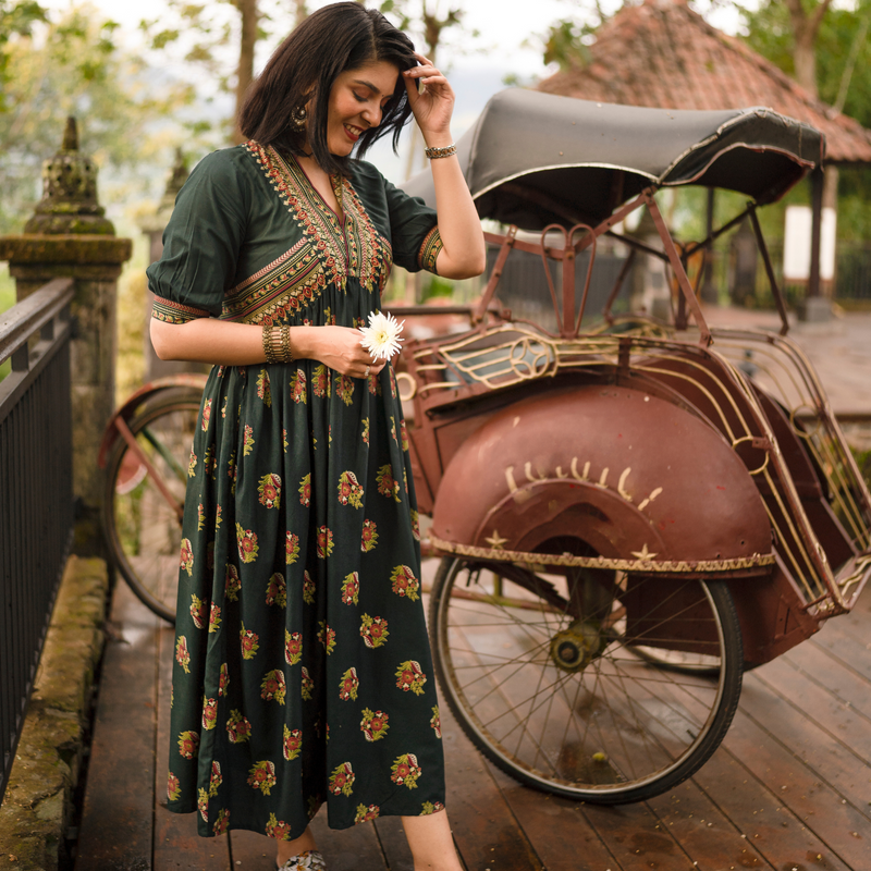 Emerald Green V Neck Gathered Dress