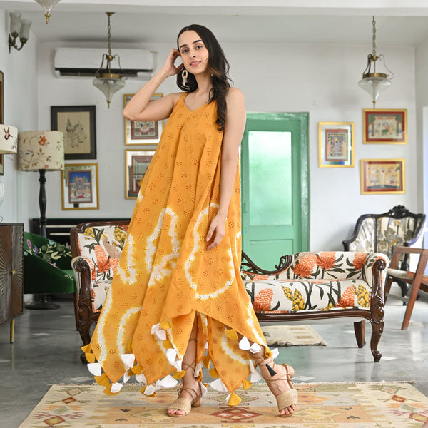 Blissful Tales Mustard & White Schiffli Tie Dye Dress