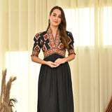 Black V Neck Gathered Dress with Puff Sleeves