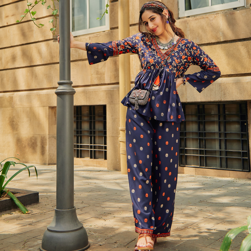 Deep Blue Floral Gathered Top Pant Set with Tassels & Bell Sleeves