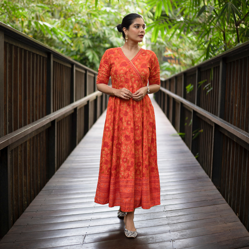 Orange Floral Angrakha Dress