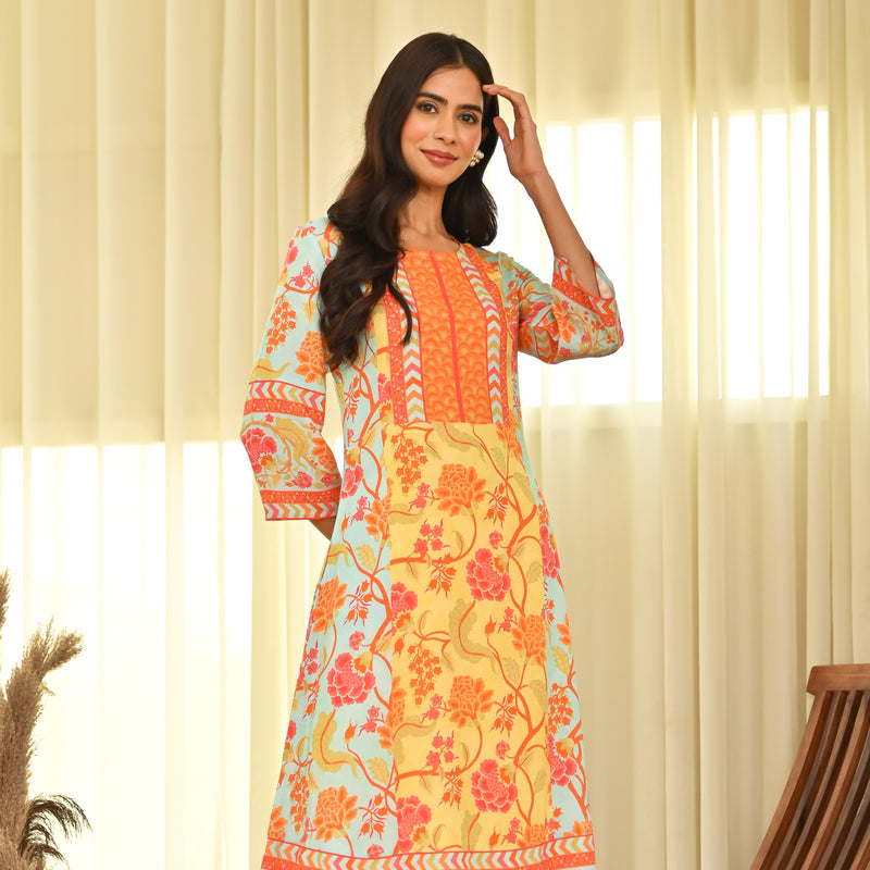 Yellow Blue A Line Floral Colour Block Kurta Pant Set