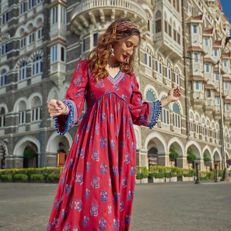 Maroon & Blue V Neck Gathered Dress