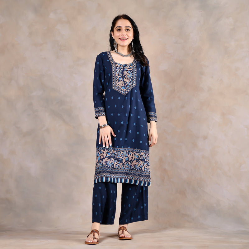 Deep Blue Floral & Buta Kurta Pant Dupatta Set with Border Details