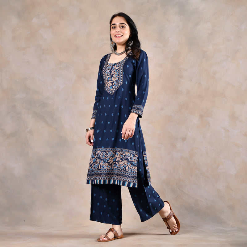 Deep Blue Floral & Buta Kurta Pant Dupatta Set with Border Details