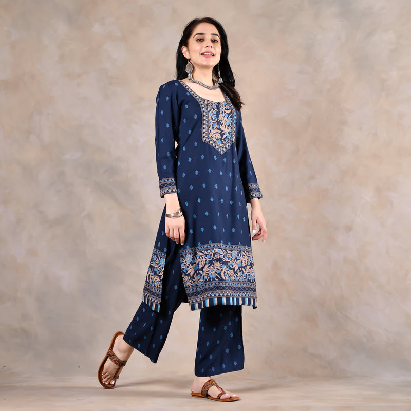 Deep Blue Floral & Buta Kurta Pant Dupatta Set with Border Details