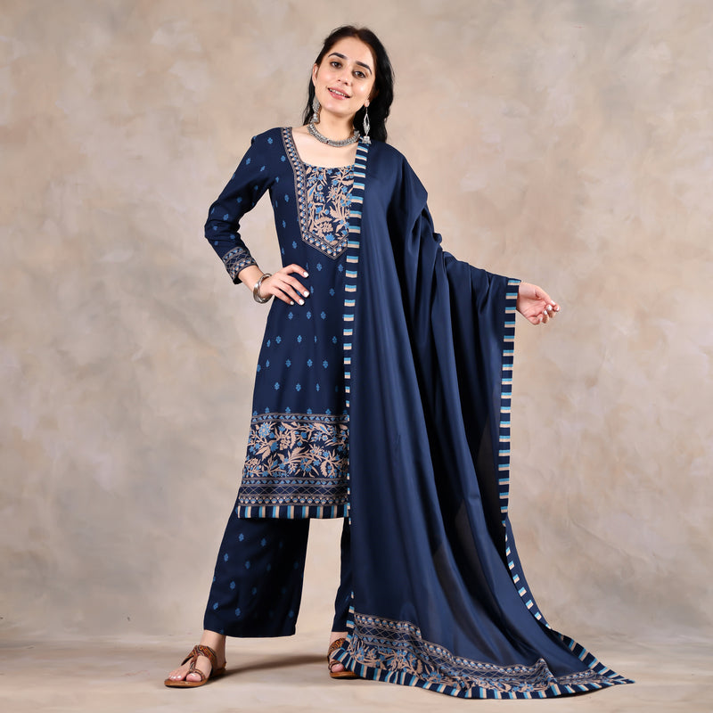 Deep Blue Floral & Buta Kurta Pant Dupatta Set with Border Details