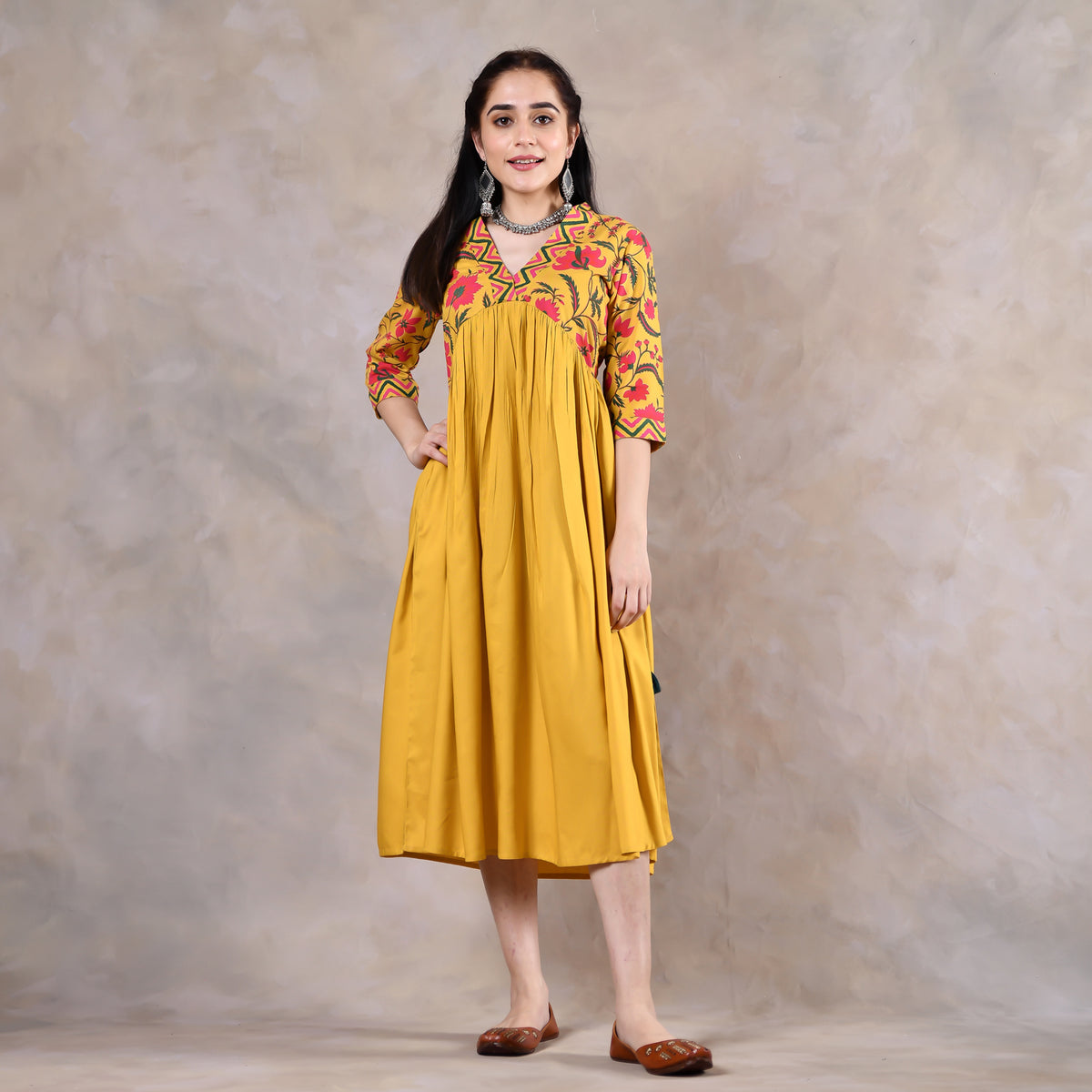 Mustard V Neck Gathered Dress With Tassels - SOM